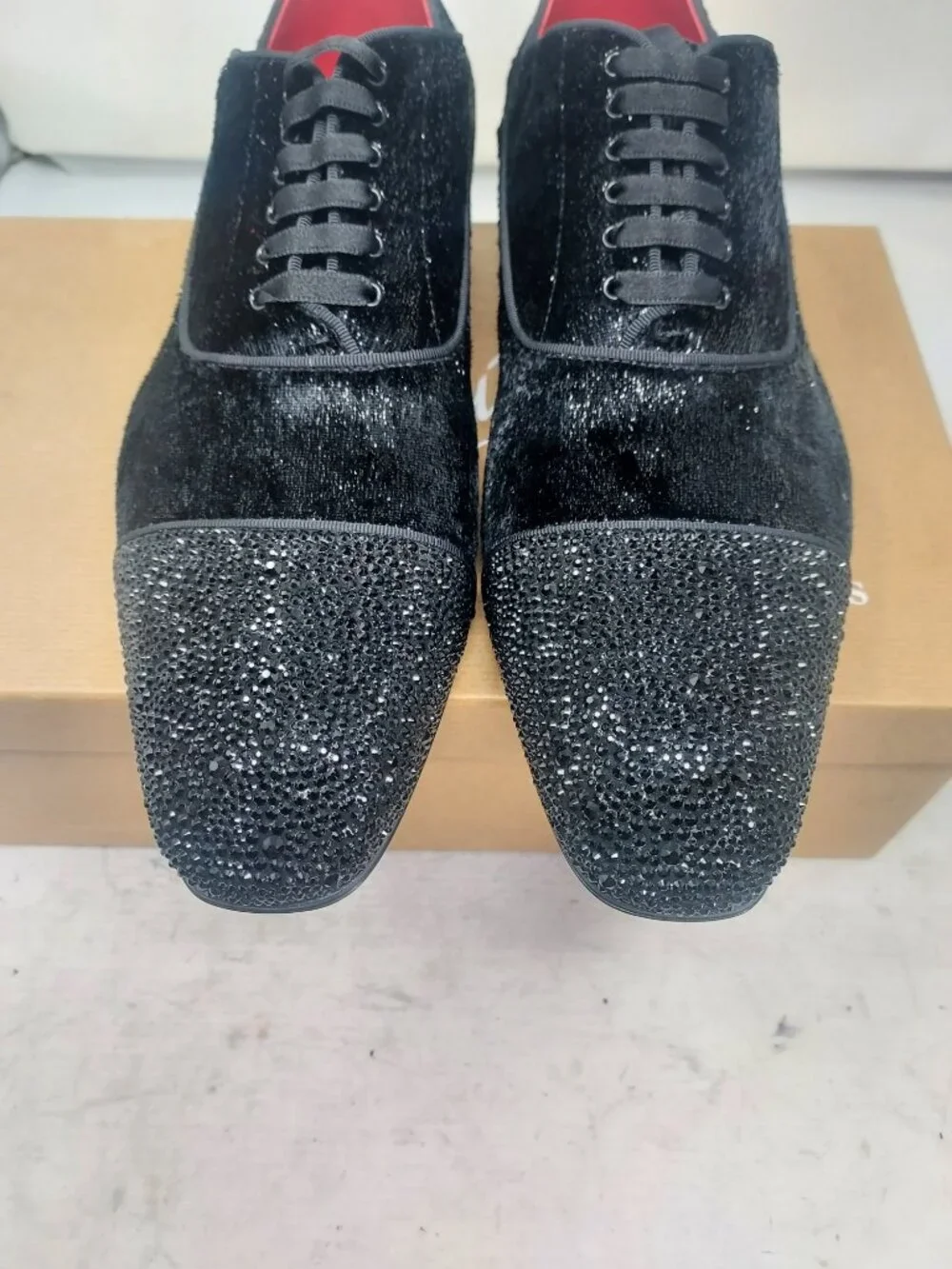 Christian Louboutin Black Greggy Chick Bejeweled Strass Lace Up Velvet Loafer